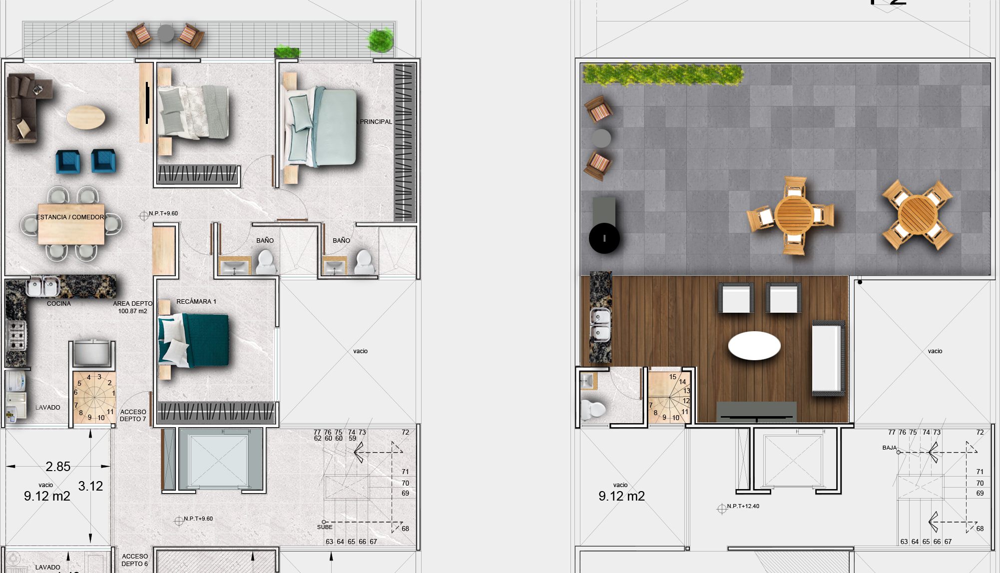 Plano de distribución del penthouse en dos niveles de Nova Popotla, Popotla CDMX
